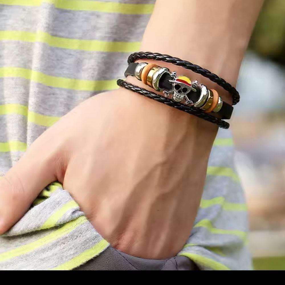 Men's bracelet leather braided skeleton layered black new‎ e90